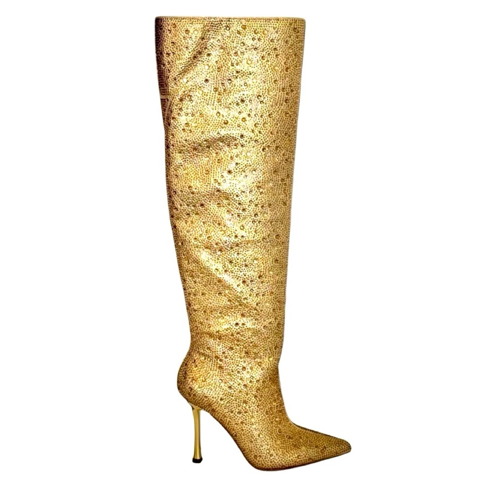 INC Saveria 5 Gold Bling Rhinestone Tall Over-The-Knee Boots 7.5 New - Picture 3 of 12